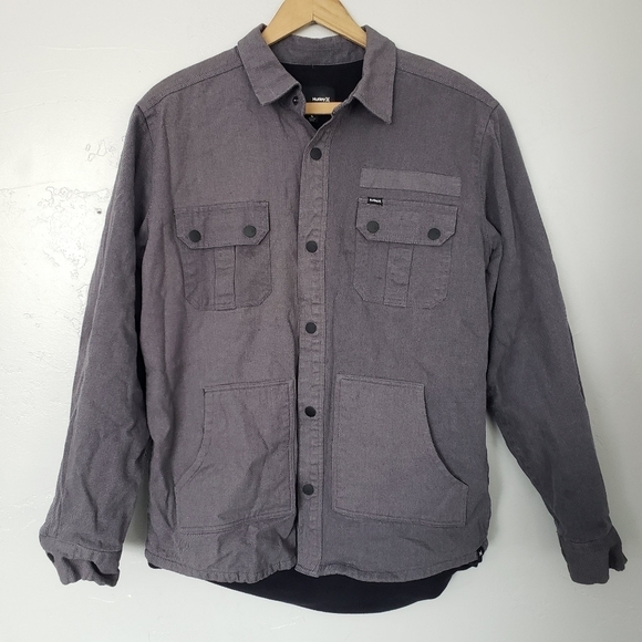 Hurley Boys Large Grey Button Up Jacket Black Fleece Lining Utility - Picture 1 of 7